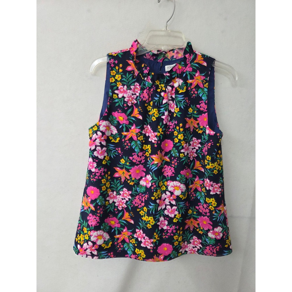 J.Crew Womens Floral Printed Ruffle Neck Sleeveless Top Navy Pink AY482 Small